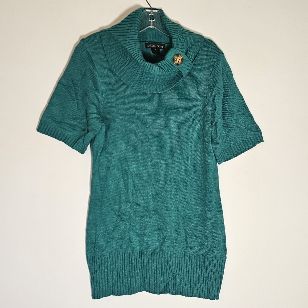 Design 365 Sweater Womens Small Green Tunic Cowl Neck Short Sleeve Big Button S